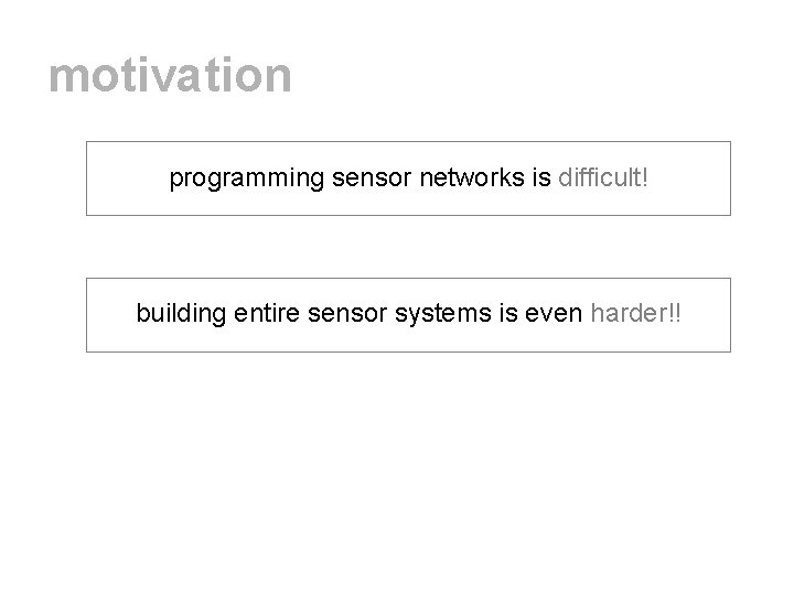 motivation programming sensor networks is difficult! building entire sensor systems is even harder!! 