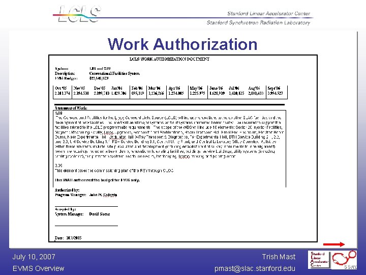 Work Authorization July 10, 2007 EVMS Overview Trish Mast pmast@slac. stanford. edu 