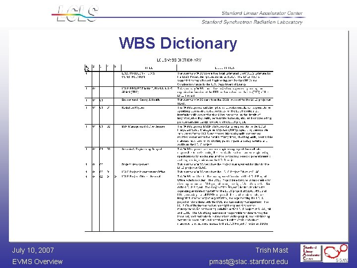 WBS Dictionary July 10, 2007 EVMS Overview Trish Mast pmast@slac. stanford. edu 