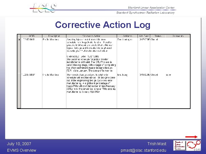 Corrective Action Log July 10, 2007 EVMS Overview Trish Mast pmast@slac. stanford. edu 