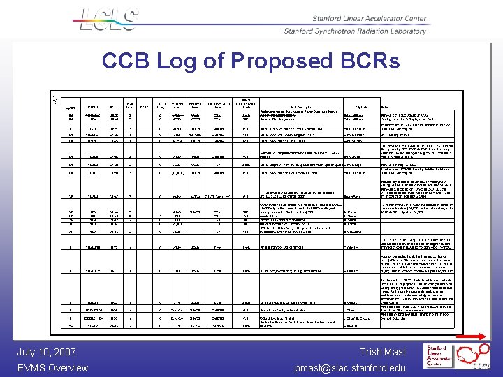 CCB Log of Proposed BCRs July 10, 2007 EVMS Overview Trish Mast pmast@slac. stanford.