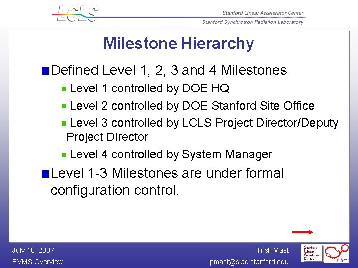 Milestone Hierarchy Defined Level 1, 2, 3 and 4 Milestones Level 1 controlled by