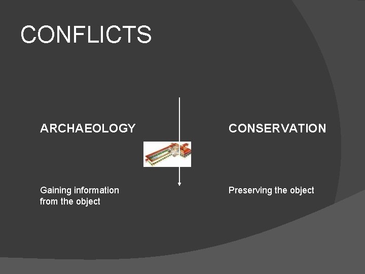 CONFLICTS ARCHAEOLOGY CONSERVATION Gaining information from the object Preserving the object 