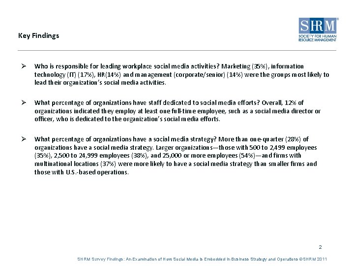 Key Findings Ø Who is responsible for leading workplace social media activities? Marketing (35%),