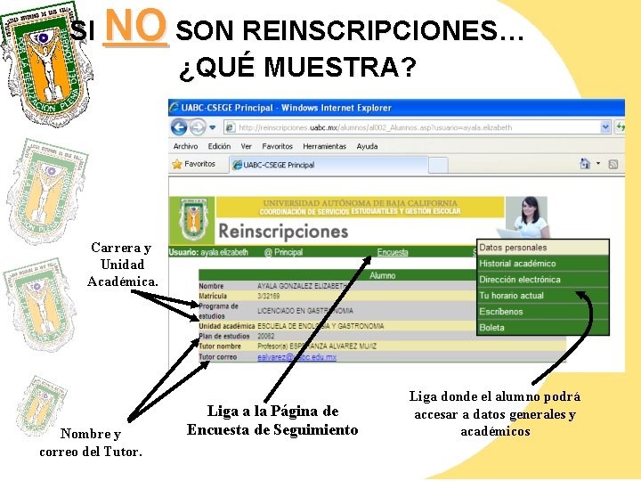 SI NO SON REINSCRIPCIONES… ¿QUÉ MUESTRA? Carrera y Unidad Académica. Nombre y correo del