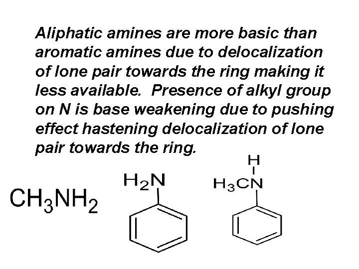 Aliphatic amines are more basic than aromatic amines due to delocalization of lone pair