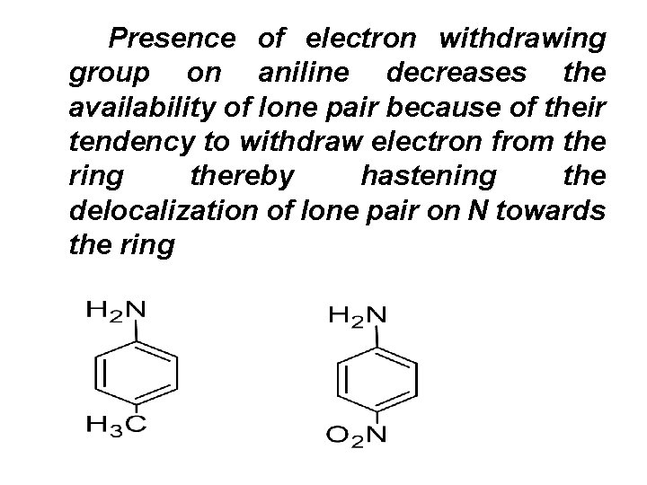 Presence of electron withdrawing group on aniline decreases the availability of lone pair because