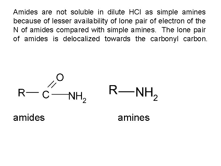 Amides are not soluble in dilute HCl as simple amines because of lesser availability