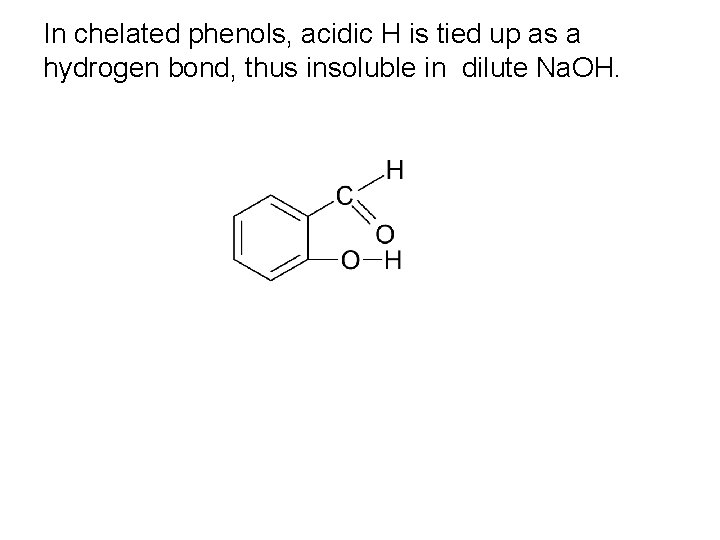 In chelated phenols, acidic H is tied up as a hydrogen bond, thus insoluble