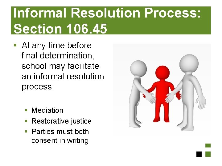 Informal Resolution Process: Section 106. 45 § At any time before final determination, school