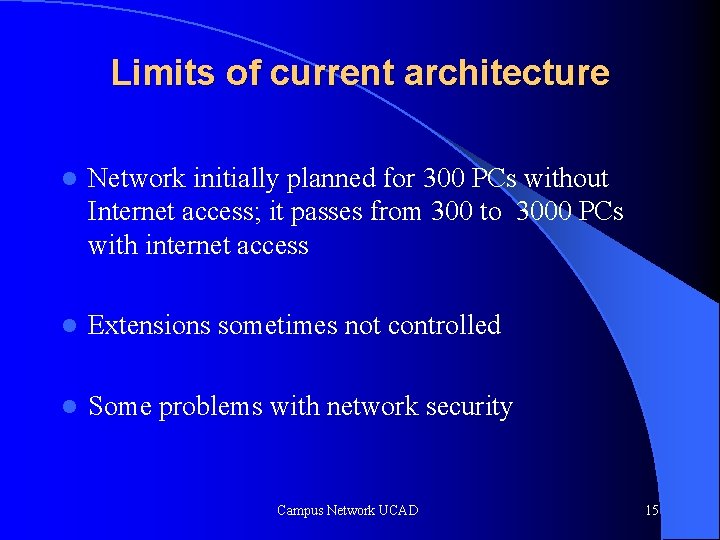 Limits of current architecture l Network initially planned for 300 PCs without Internet access;