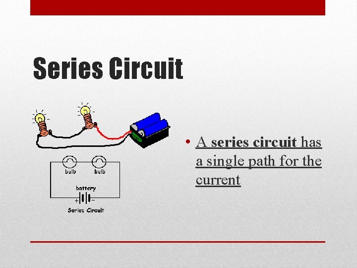 Series Circuit • A series circuit has a single path for the current 