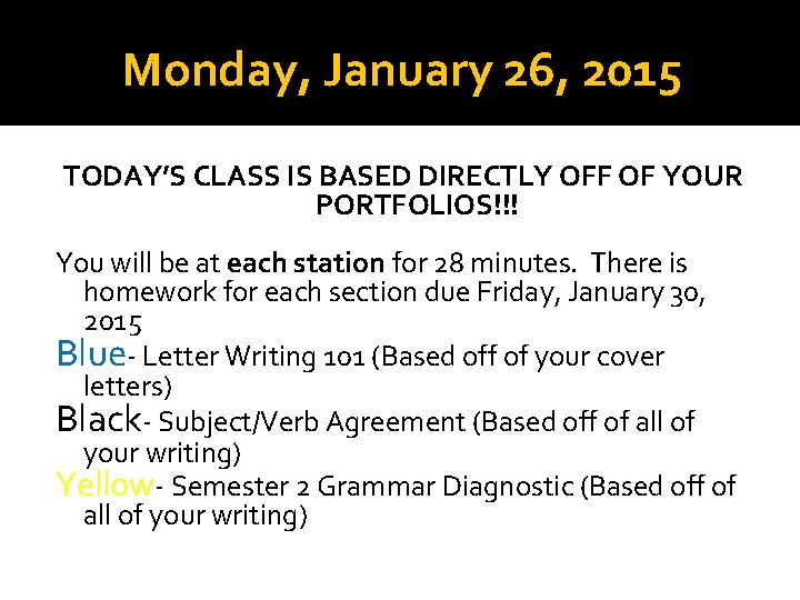 Monday, January 26, 2015 TODAY’S CLASS IS BASED DIRECTLY OFF OF YOUR PORTFOLIOS!!! You