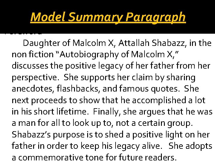 Model Summary Paragraph Foreword Daughter of Malcolm X, Attallah Shabazz, in the non fiction