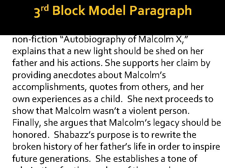 rd 3 Block Model Paragraph Malcolm X’s daughter, Attallah Shabazz, in the non-fiction “Autobiography