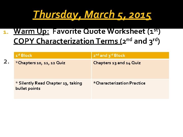 Thursday, March 5, 2015 1. 2. Warm Up: Favorite Quote Worksheet (1 st) COPY