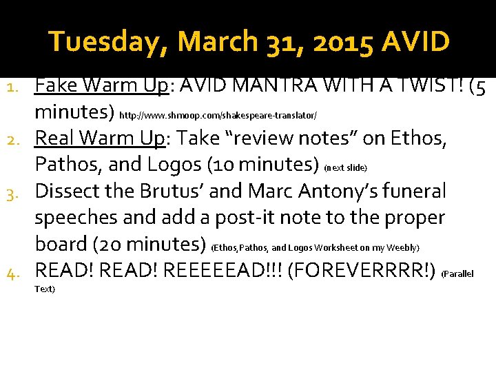 Tuesday, March 31, 2015 AVID Fake Warm Up: AVID MANTRA WITH A TWIST! (5