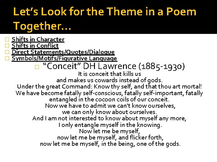 Let’s Look for the Theme in a Poem Together… � � Shifts in Character