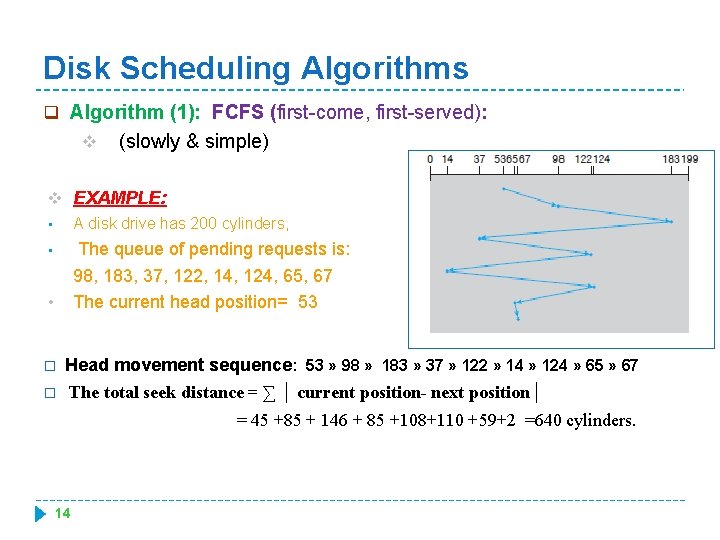 Disk Scheduling Algorithms q Algorithm (1): FCFS (first-come, first-served): v (slowly & simple) v
