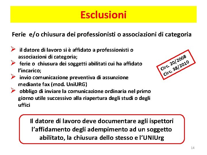 Esclusioni Ferie e/o chiusura dei professionisti o associazioni di categoria Ø Ø il datore