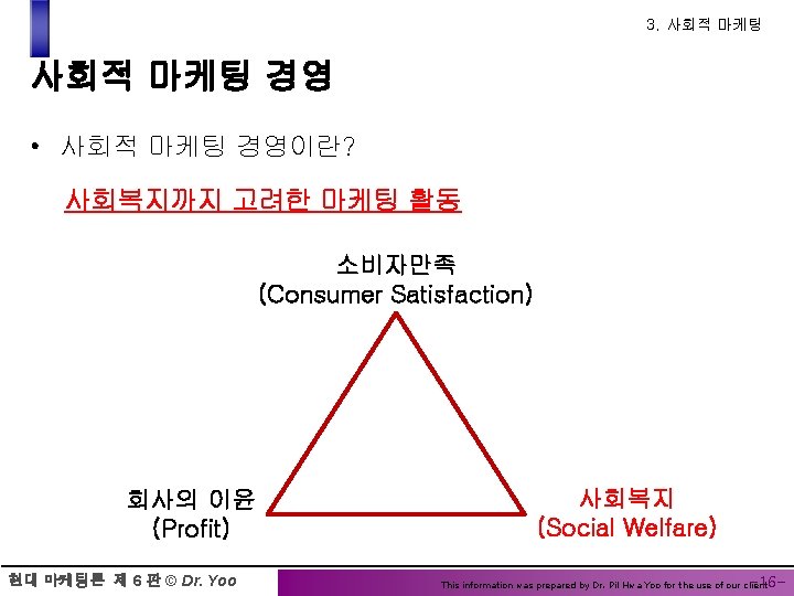 3. 사회적 마케팅 경영 • 사회적 마케팅 경영이란? 사회복지까지 고려한 마케팅 활동 소비자만족 (Consumer