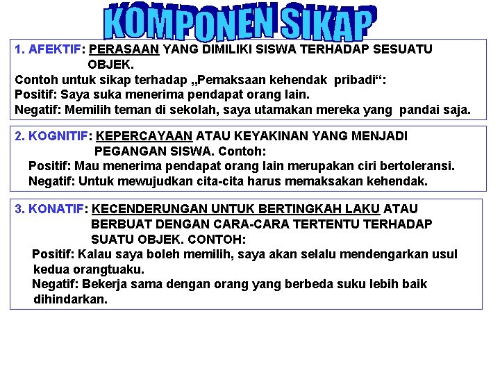 1. AFEKTIF: PERASAAN YANG DIMILIKI SISWA TERHADAP SESUATU OBJEK. Contoh untuk sikap terhadap „Pemaksaan