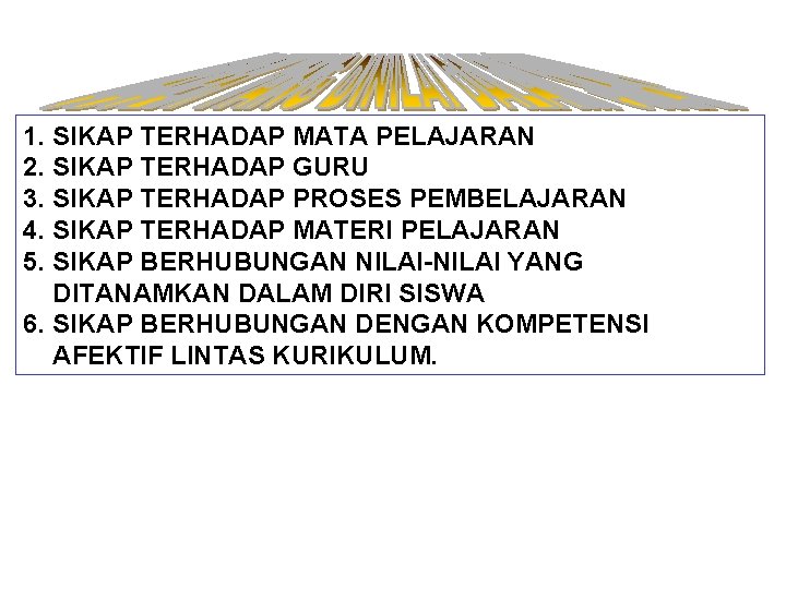 1. SIKAP TERHADAP MATA PELAJARAN 2. SIKAP TERHADAP GURU 3. SIKAP TERHADAP PROSES PEMBELAJARAN