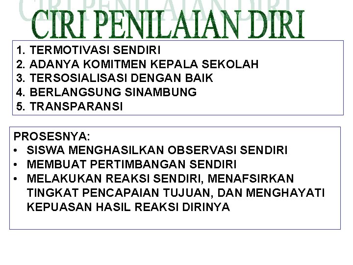 1. TERMOTIVASI SENDIRI 2. ADANYA KOMITMEN KEPALA SEKOLAH 3. TERSOSIALISASI DENGAN BAIK 4. BERLANGSUNG