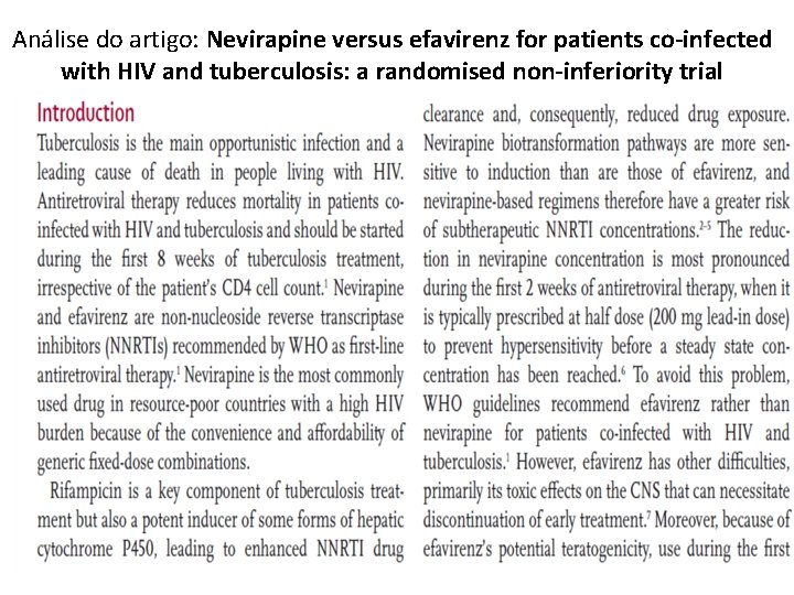 Análise do artigo: Nevirapine versus efavirenz for patients co-infected with HIV and tuberculosis: a