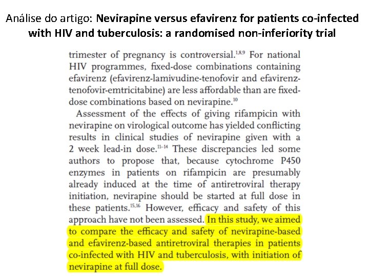 Análise do artigo: Nevirapine versus efavirenz for patients co-infected with HIV and tuberculosis: a