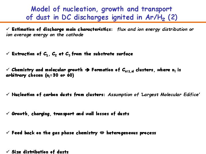 Model of nucleation, growth and transport of dust in DC discharges ignited in Ar/H