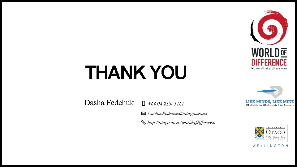 THANK YOU Dasha Fedchuk +64 04 918 - 5161 Dasha. Fedchuk@otago. ac. nz http: