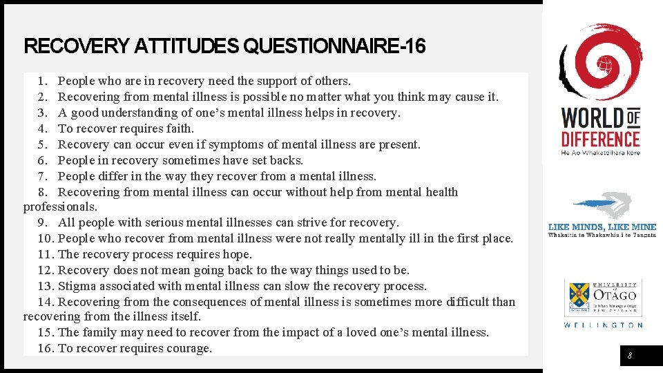 RECOVERY ATTITUDES QUESTIONNAIRE-16 1. People who are in recovery need the support of others.