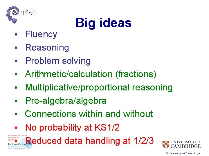  • • • Big ideas Fluency Reasoning Problem solving Arithmetic/calculation (fractions) Multiplicative/proportional reasoning