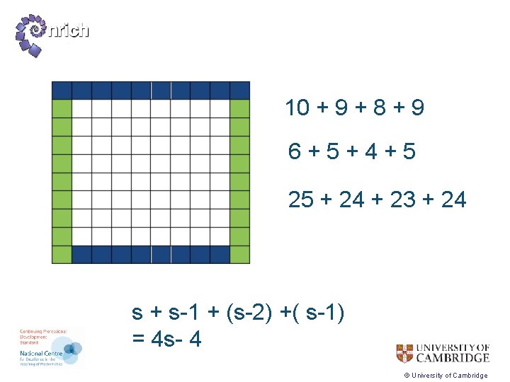 10 + 9 + 8 + 9 6+5+4+5 25 + 24 + 23 +