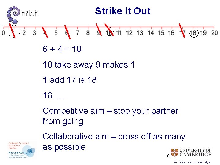 Strike It Out 6 + 4 = 10 10 take away 9 makes 1