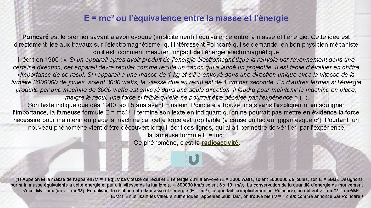 E = mc² ou l’équivalence entre la masse et l’énergie Poincaré est le premier