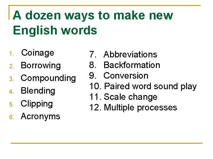 A dozen ways to make new English words 1. 2. 3. 4. 5. 6.