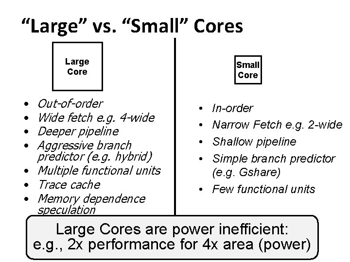 “Large” vs. “Small” Cores Large Core Out-of-order Wide fetch e. g. 4 -wide Deeper