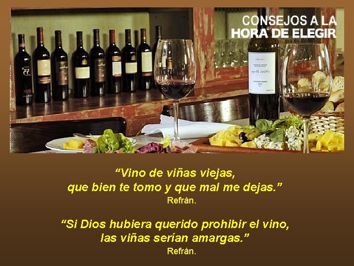 “Vino de viñas viejas, que bien te tomo y que mal me dejas. ” “Vino de viñas viejas, que bien te tomo y que mal me dejas. ”