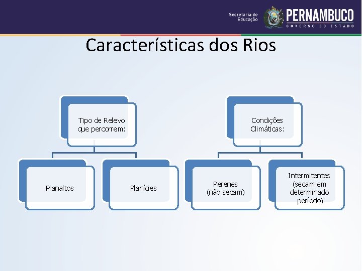 Características dos Rios Tipo de Relevo que percorrem: Planaltos Condições Climáticas: Planícies Perenes (não