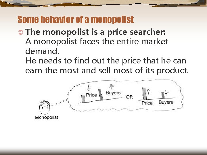 Some behavior of a monopolist Ü The monopolist is a price searcher: A monopolist