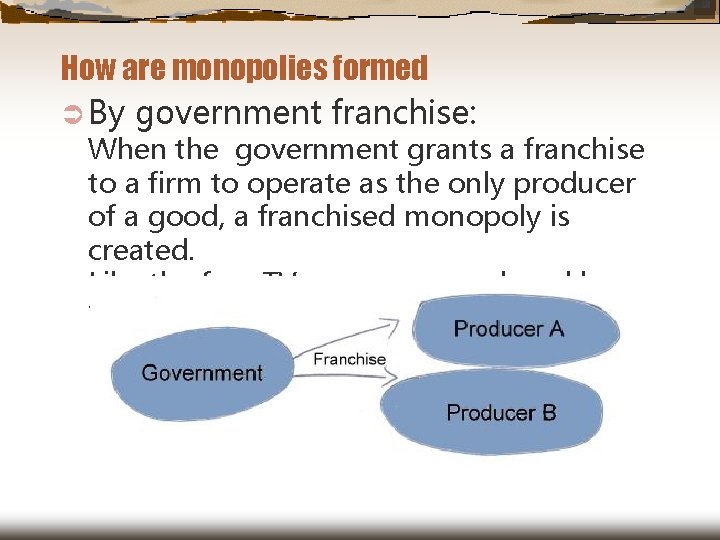 How are monopolies formed Ü By government franchise: When the government grants a franchise