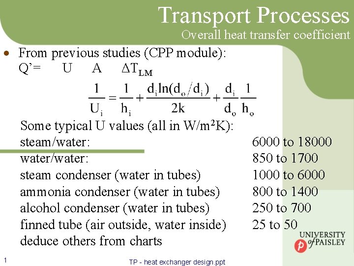Transport Processes Overall heat transfer coefficient · From previous studies (CPP module): Q’= U
