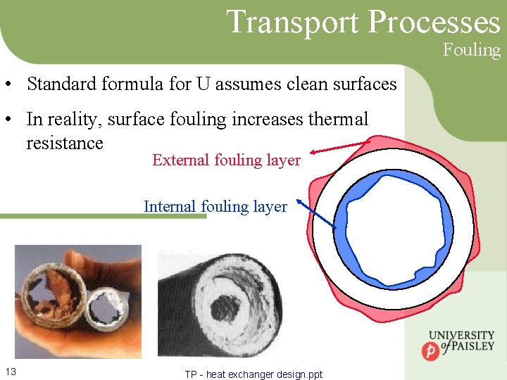 Transport Processes Fouling • Standard formula for U assumes clean surfaces • In reality,