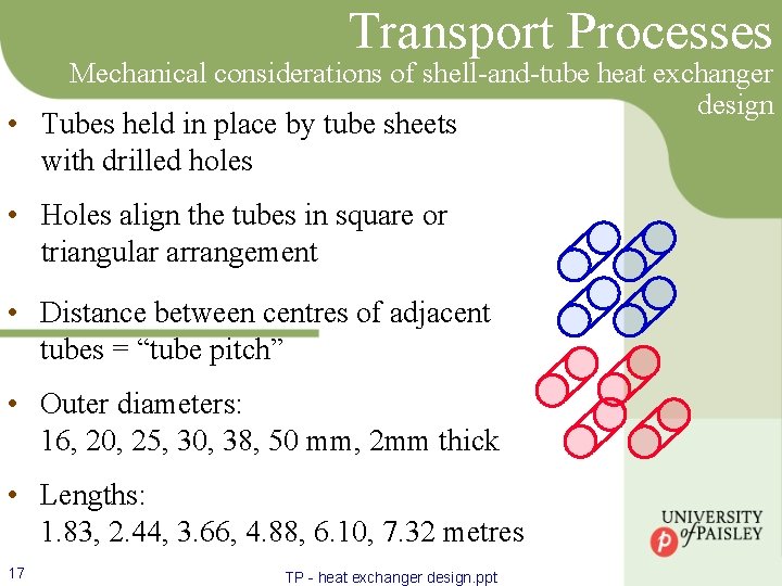 Transport Processes Mechanical considerations of shell-and-tube heat exchanger design • Tubes held in place