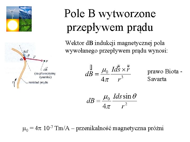 Pole B wytworzone przepływem prądu Wektor d. B indukcji magnetycznej pola wywołanego przepływem prądu