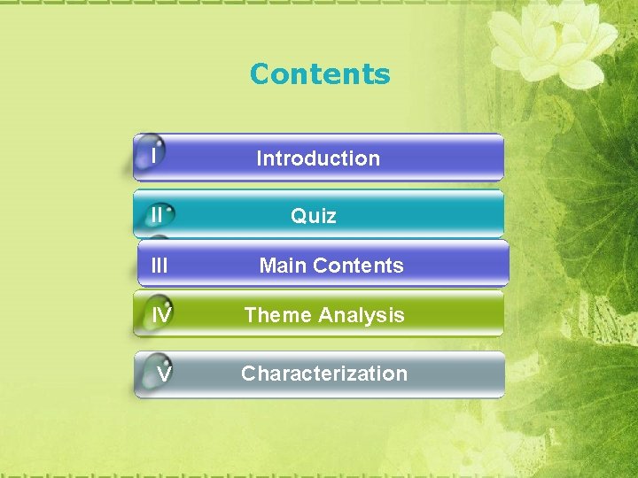 Contents I Introduction II Quiz II III Main Contents IV Theme Analysis V Characterization Contents I Introduction II Quiz II III Main Contents IV Theme Analysis V Characterization