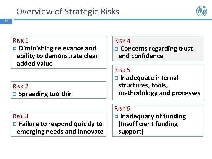 Overview of Strategic Risks 27 RISK 1 Diminishing relevance and ability to demonstrate clear