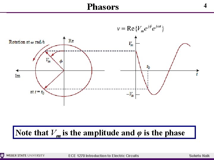 Phasors 4 Note that Vm is the amplitude and φ is the phase ECE